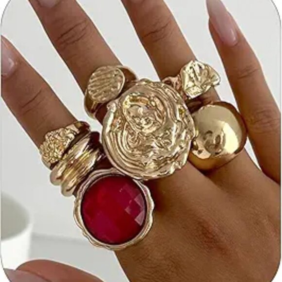 Vintage Boho Gemstone Ring Set – 6-8pc Gold-Tone Stackable Statement Rings - Picture 6 of 6